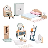 Giant bean Wooden and Plastic Dollhouse Furniture Set, Bathroom and Bedroom Set, 24 PCS Dollhouse Accessories Pretend Play Furniture Toys for Boys Girls & Toddlers