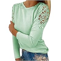 Women Casual Off Shoulder Top Ladies Long Sleeve Round Neck T-Shirt Sexy Lace Crochet Flowy Tunic Shirt Pullover