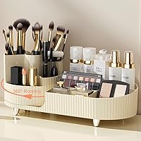 Onewly 360° Rotating Makeup Organizer, Vanity Display Case for Cosmetic, Brush, Lipstick and Cream (Cream White(Large))