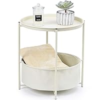 TOOLF End Table, Metal Nightstand, Sofa Side Snack Table, Coffee Round Table with Detachable Tray Top and Fabric Storage Basket, Scandi Style Table for Living Room Bedroom (Cream)