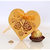 50 Pack Laser Cut Rose Love Heart Wedding Candy Boxes with Ribbon Party Favor Boxes Small Gift Boxes for Wedding Bridal Shower Anniversary Birthday Party (Gold)