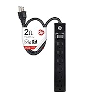GE 6-Outlet Power Strip, 2 Ft Extension Cord, Heavy Duty Plug, Grounded, Integrated Circuit Breaker, 3-Prong, Wall Mount, UL Listed, Black, 14831