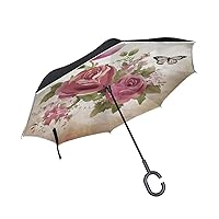 Vintage Rose Flower Floral Butterfly Windproof Inverted Open Close Reverse Rain Umbrella Inside Out Quality Waterproof Parasol Upside Down Stick Shelter with Hook c Handle