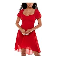 B Darlin Womens Red Zippered Pleated Lined Tie Pouf Sleeve Sweetheart Neckline Below The Knee Evening Hi-Lo Dress Juniors 1
