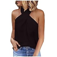 Women Halter Tank Tops Criss Cross Ruched Solid Color Sleeveless Trendy Casual Summer Blouse Shirts Back with Zipper