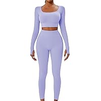 FINETOO Workout Sets for Women 2 Piece Long Sleeves Yoga Outfits Seamless Ribbed Crop Top High Waisted Legging XS-L