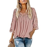Dokotoo Women 3/4 Sleeve Lace Crochet Tops Blouse Flowy Square Collar Solid Color Shirt 2023 Summer Fall
