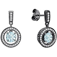 Created Round Cut Aquamarine In 925 Sterling Silver 14K White Gold Over Halo Diamond Round Shape Drop & Dangle Earring for Women's