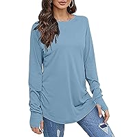 Women's Thumb Holes Long Sleeve Tunic Tops Fall Casual Flowy Curved Hem T-Shirts Oversized Crewneck Solid Blouses