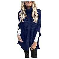 Women's Sleeveless Cable Knit Poncho Pullover Sweaters Turtleneck Knitwear Tops Loose Cozy Trendy Casual Shawl Shirt