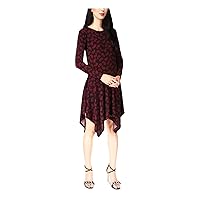 MICHAEL KORS Womens Burgundy Stretch Paisley Long Sleeve Crew Neck Knee Length Evening Fit + Flare Dress L