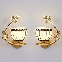 Wall Sconces, Retro Wrought Iron Imitation Wood Wall Lamp, White Frosted Glass Lampshade, Living Room Bedroom Bedside Corridor Base Wall Lamp Without Light Source (Color : Gold)