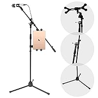 PYLE-PRO Multimedia iPad and Microphone Stand - Universal Mic Holder Adjustable Extender Bar and Multi-Mount Boom Clip w/ Universal Tablet or iPad Griper Starter Kit-Sturdy and Durable PMKSPAD1