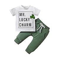 Baby St. Patric.k's Day 2PCS Toddler Baby Clothes Set Letter Print Short Sleeve T Shirt Solid + pants with