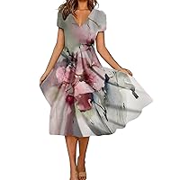 Maxi Summer Dresses, Women's Summer Casual Fashion Floral Print Short Sleeve V-Neck Swing Dress