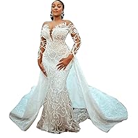 Plus Size Illusion Bridal Ball Gowns Detachable Train lace Mermaid Wedding Dresses for Bride 2022 Long Sleeve