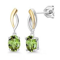 Gem Stone King 925 Sterling Silver and 10K Yellow Gold Green Peridot Dangle Earrings For Women (2.84 Cttw Gemstone Birthstone, Oval 8X6MM)