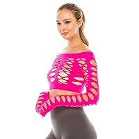 Kurve Women’s Sexy Fishnet Top – Hybrid Cut Out Mesh Long Sleeve Crop Shirt, UV Protective Fabric UPF 50+ (Made in USA)
