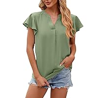 Summer Tops for Women V Neck Ruffle Short Sleeve T Shirts Casual Loose Fit Tunic Top Ladies Dressy Blouse Solid Tees
