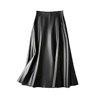 Women Spring Genuine Leather Skirt High Waist A-Line Long Dress Umbrella Skirt