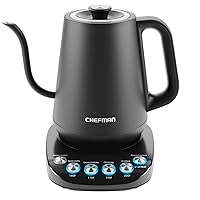 Chefman TrueTemp Precision Control Gooseneck Kettle, Internal Custom Temperature Control and 6 One-Touch Presets, Boil-Dry Protection Auto Shut-Off for Safety, For Pour Over Coffee and Tea, Black