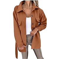 TUNUSKAT Womens Fall Thick Shacket Fashion Casual Single Breasted Jacket Lady Solid Lapel Button Down Shirt Tartan Coat Tops