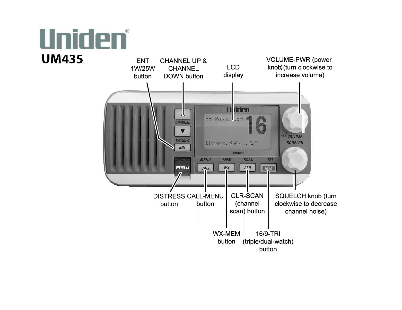 Uniden UM435BK Advanced Fixed Mount VHF Marine Radio, All USA/International/Canadian Marine Channels including new 4-Digit, CDN “B” Channels, 1 Watt/25 Watt Power, Waterproof IPX8 Submersible, Black