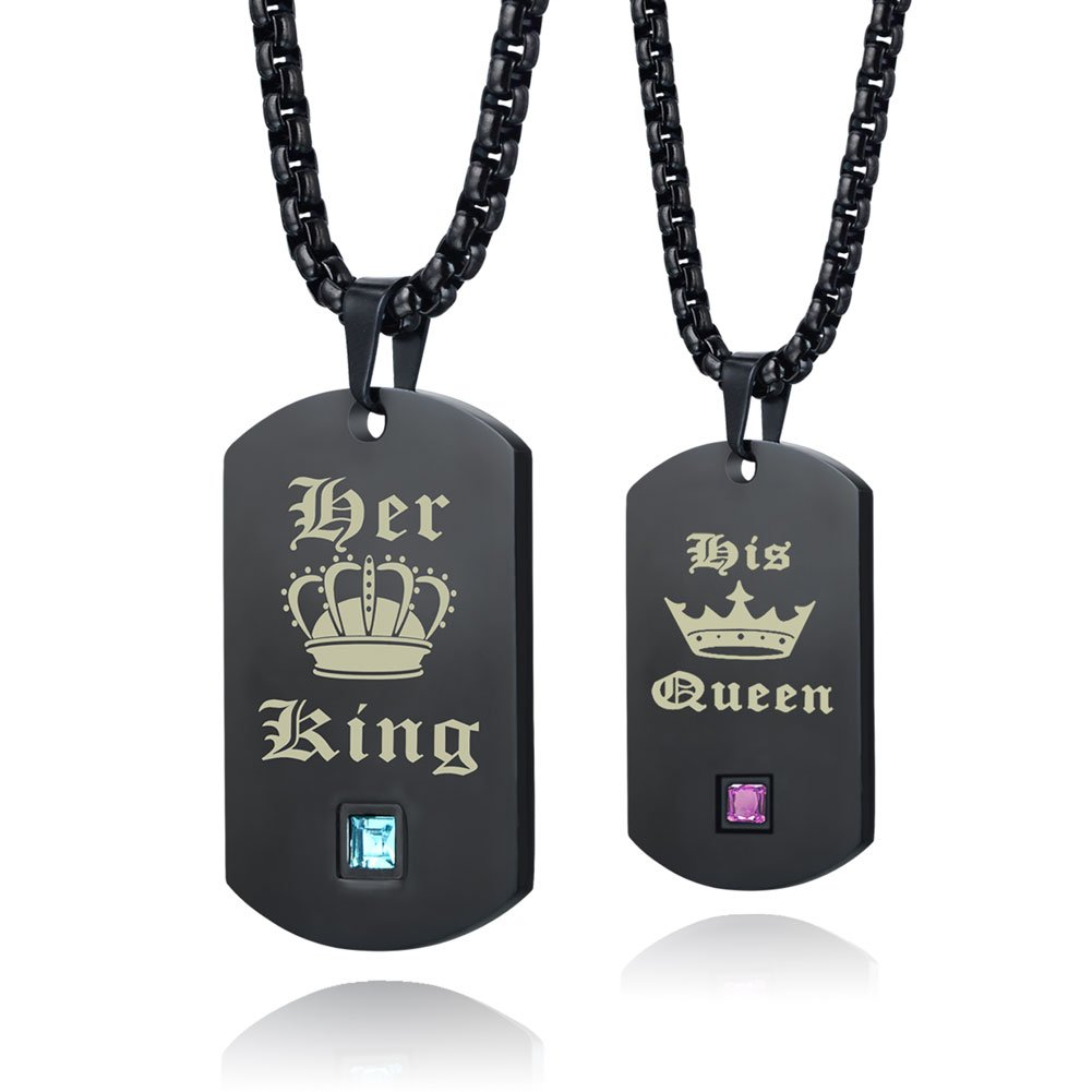 Wolentty King and Queen Couples Necklaces Stainless Steel Dog Tags Chain His & Hers Matching Jewelry Gifts for Boyfriend