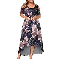 Park Oversized Summer Dress for Women Hip Short Sleeve Polyester Fit Tunic Dress Women Printed Off The Shoulder Purple 3XL