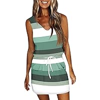 Vacation Clothes Sundresses for Women 2024 Striped Print Casual Fashion Slim Fit with Waistband Short Sleeve V Neck Summer Dress Light Green Large