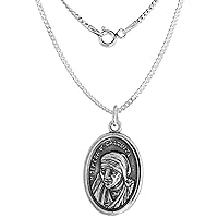 Sterling Silver Mother Teresa Medal Necklace Oxidized finish Oval 1.8mm Chain