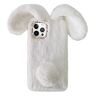 Bonitec Compatible with iPhone 14 Pro Max Bunny Case for Girls, Luxury Fur Cute Warm Handmade Rabbit Furry Fuzzy Fluffy Soft 3D Ear Rabbit Fur Hair Plush Ball Protective Case Cover for Women White