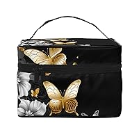 Gold White Butterflies Black Print Makeup Bag for Women Portable Toiletry Bag Large Capacity Travel Cosmetic Bag for Outdoor Travel