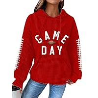 Womens Waffle Knit Hoodies Drawstring Hooded Football Rugby Print Casual Long Sleeve with Pockets Winter Fall