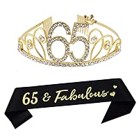 Happy 65th Birthday Tiara and Sash Party Supplies 65 Fabulous Glitter Sash and Crystal Tiara Queen Crown for Women 65th Birthday Party Decorations Gold