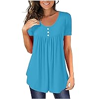 Women's Crew Neck Tunic Tops Pleated Front Flowy T Shirts Short Sleeve Solid Color Casual Summer Tee Blouses