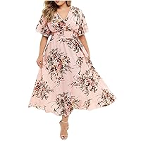 Womens Boho Wrap V Neck Short Sleeve Flowy T-Shirt Dresses Summer Smocked High Waist Casual Oversized A-Line Dress