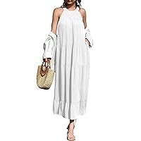Dokotoo Womens Casual Lace Crewneck Sleeveless Hollow Out Flowy Sundresses Beach Halter Maxi Dresses with Pockets