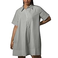 Women's Casual Summer Loose Shirt Dress Collared V Neck Button Down Solid Long Sleeve Tunic Mini Dresses with Pockets