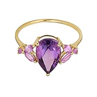 Bling Jewelry Genuine Yellow Gold Gemstone Marquise Side Stones Blue Topaz Pink Tourmaline & Purple Amethyst Teardrop Statement Ring For Women February Birthstone