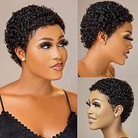 Short Human Hair Wigs for Black Women Brazilian Wavy Curly Pixie Cut Wig Human Hair Bob Hair Wigs Full Machine Made Glueless Wigs Natural Color