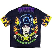 kreepsville 666 Elvira Mistress of The Dark Retro Flames Tattoo Skull Sublimated Button Down Collared Short Sleeve Shirt