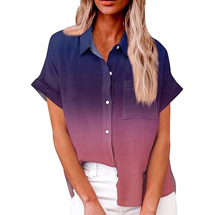 Women T Shirt Summer Casual Short Sleeve V Neck Lapel Button Gradient Printed Loose with Pockets Tee Shirts