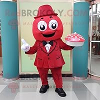 Red Cupcake mascot costume character dressed with a Suit Jacket and Clutch bags
