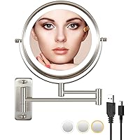 Rechargeable Lighted Makeup Mirror, 10x Magnifying Mirror, 3 Color Lights, Touch Screen Dimming, 360° Extendable Arm Wall Mounted Mirror for Bathroom Shaving (Brushed Nickel)