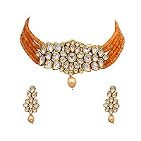 Ethnic Necklace with Earrings Gold Plated Studded in Kundan Stones Exclusive Traditional Wedding Collection Jewellery Set for Girls and Women