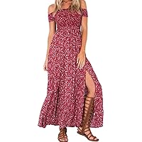 Women’s Boho Off Shoulder Strapless Summer Beach Floral Slit Maxi Dress