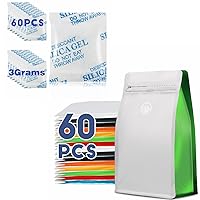 60pcs 8oz 1/2 lb White+Green Coffee Bags with Valve+60 Packs 3 Grams Silica Gel Packs Desiccant Packets for Storage, Transparent Desiccant