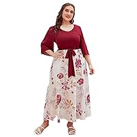 Women's Dress Dresses for Women Plus Floral Print Tie Front Combo Dress (Color : Red and White, Size : X-Large)