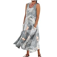 Summer Dresses for Women 2024 Casual Print Boho Sundress Crew Neck Sleeveless Pockets Beach Vacation Maxi Dresses